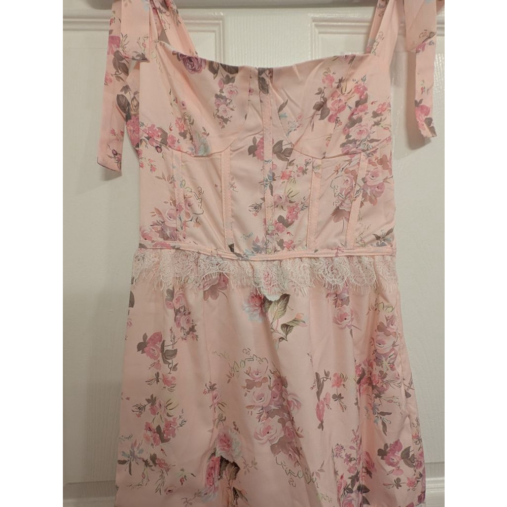 Women's Pink Floral Maxi Dress shoulder tie lace trim new preppy dainty flowy XS - Picture 3 of 9